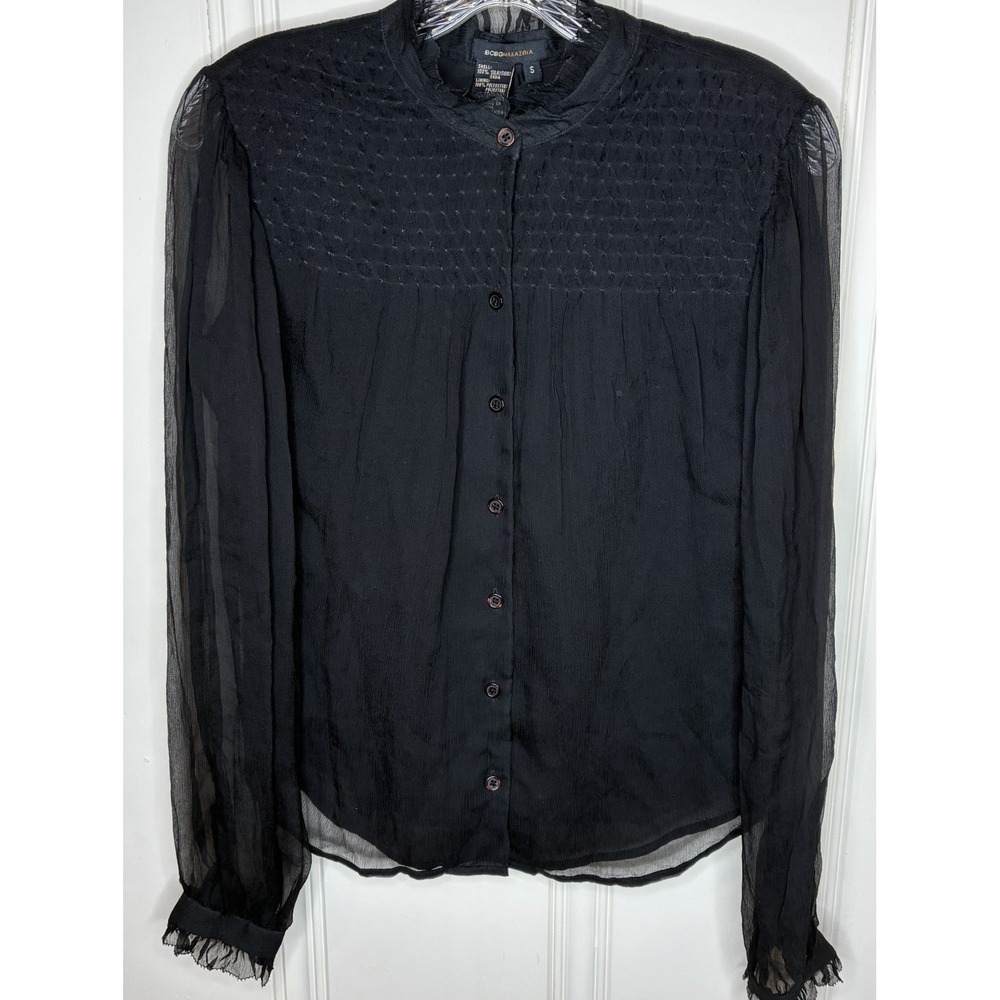 NEW BCBGMAXAZRIA silk black blouse S long chiffon sleeve romantic goth elevated